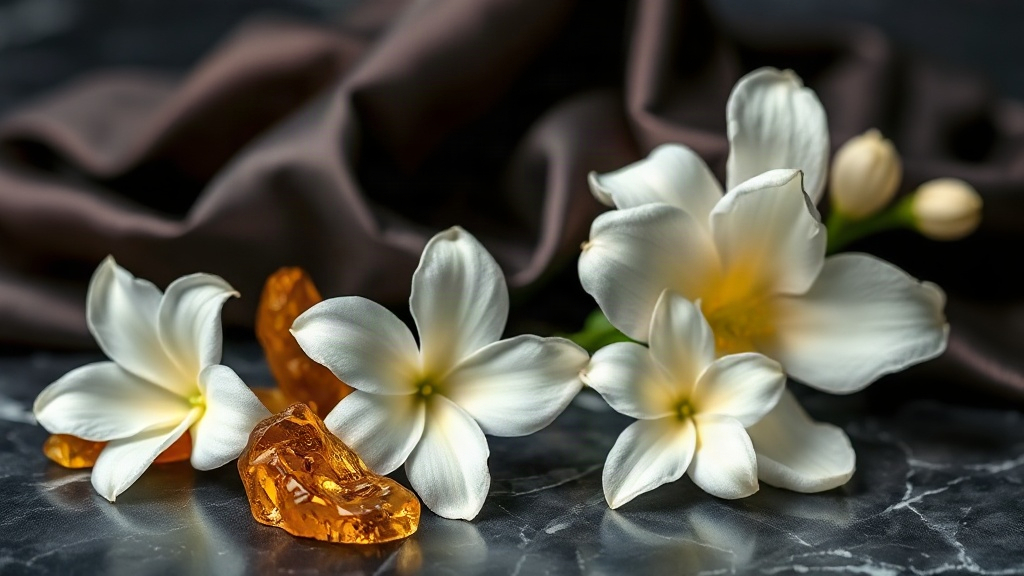macro still life of white tuberose and jasmine flowers next to amber resin chunks and a draped dark silk fabric on a dar