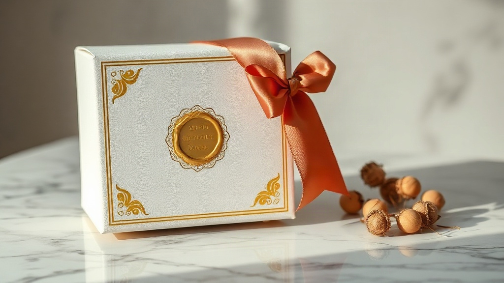 elegant perfume gift box with gold foil embossed details, a satin ribbon and wax seal, resting on a polished marble surf
