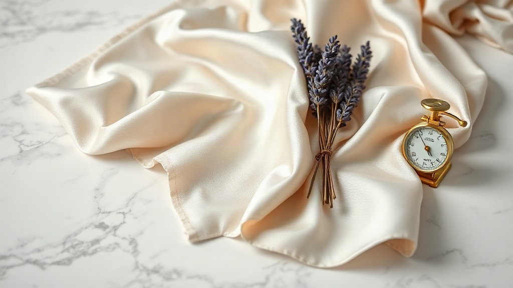 elegant folded silk fabric draped over a polished marble surface next to a small bundle of dried lavender and a brass me