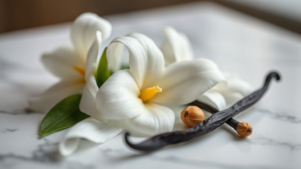 close-up macro photo of fresh white jasmine blossoms, bergamot peel and vanilla pods arranged on a polished marble surfa