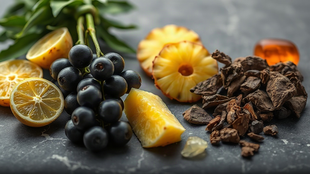 Fresh bergamot halves, clusters of blackcurrant, and pineapple slices arranged on dark veined marble, next to raw oud wo