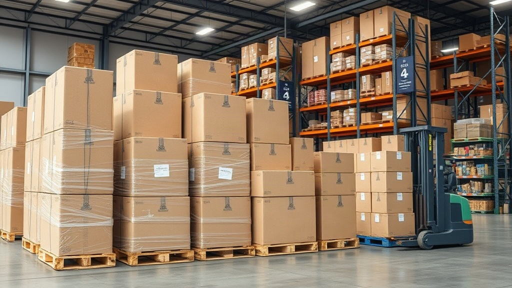 wide photorealistic shot of a cosmetics distribution warehouse with neatly organized cardboard boxes stacked on wooden p