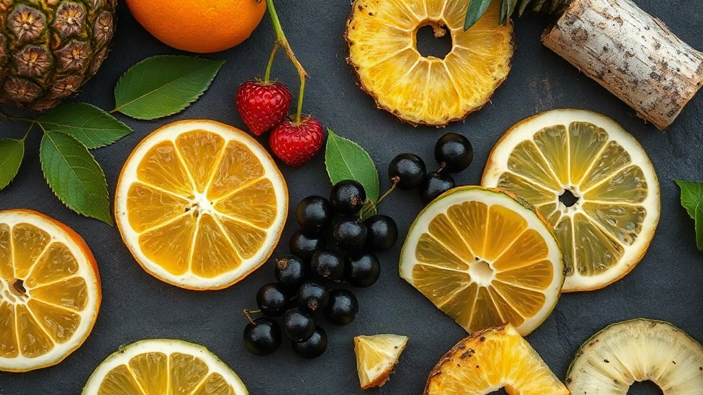 Close-up flat lay of fresh bergamot citrus fruits, blackcurrant berries, pineapple slices, and pieces of birch bark arra