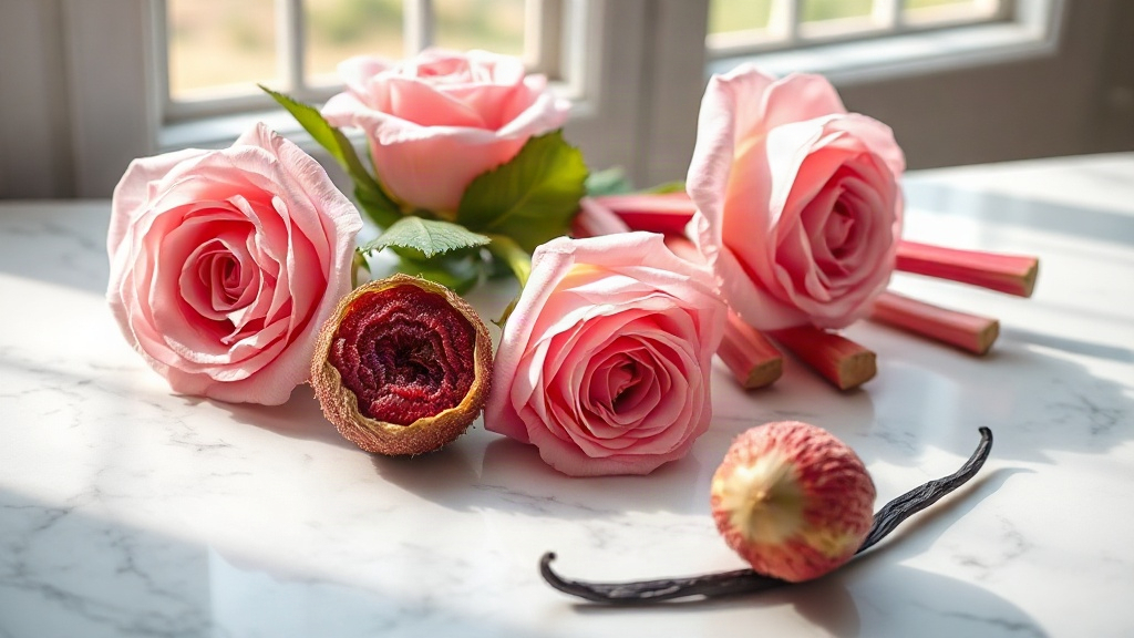 fresh pink Damask roses, lychee fruit, rhubarb stalks, and a vanilla pod arranged on a polished marble surface with soft