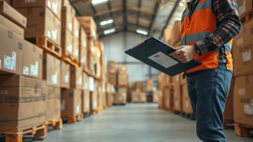 warehouse interior with wooden pallets stacked with sealed cardboard cargo boxes, a worker's hand holding a clipboa