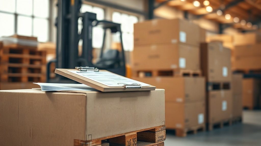 stacked cardboard shipping boxes and wooden pallets inside a warehouse, customs documents and a clipboard resting on top