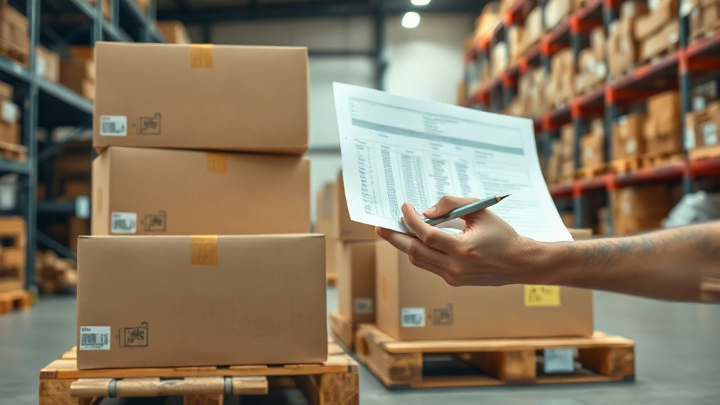 warehouse logistics scene with stacked cardboard shipping boxes on wooden pallets, a worker's hand checking a paper