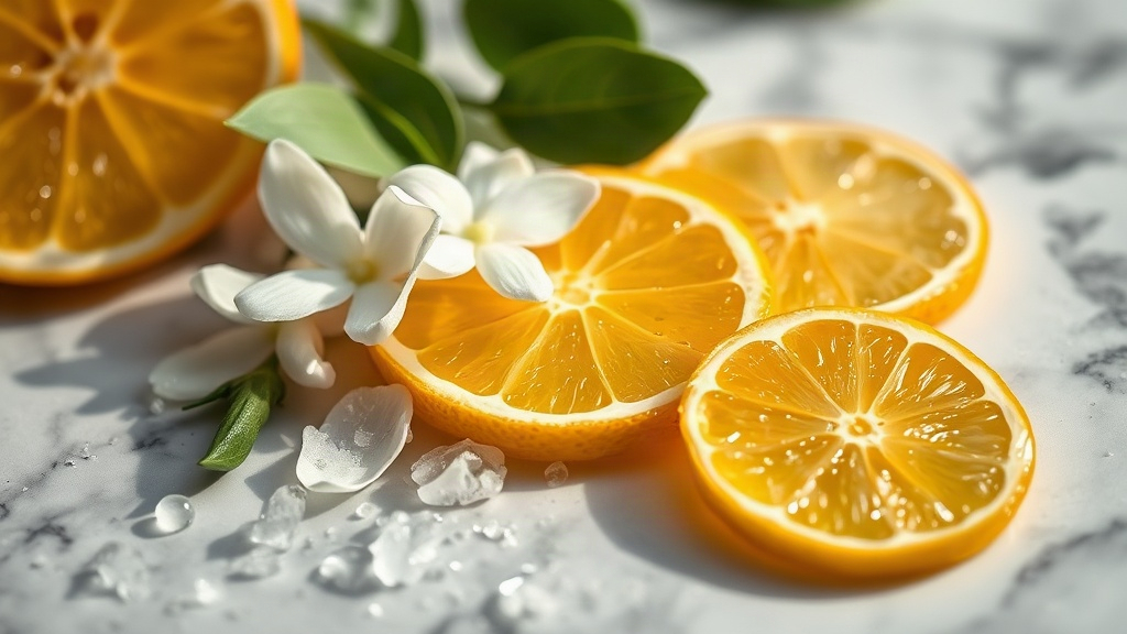 close-up of bergamot citrus slices, fresh jasmine petals, and sea salt crystals arranged on a wet marble surface, soft n