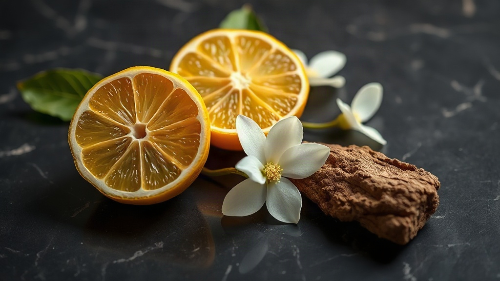 halved bergamot citrus fruit, fresh jasmine flowers, and a rough piece of oud wood arranged on a dark marble surface, wa