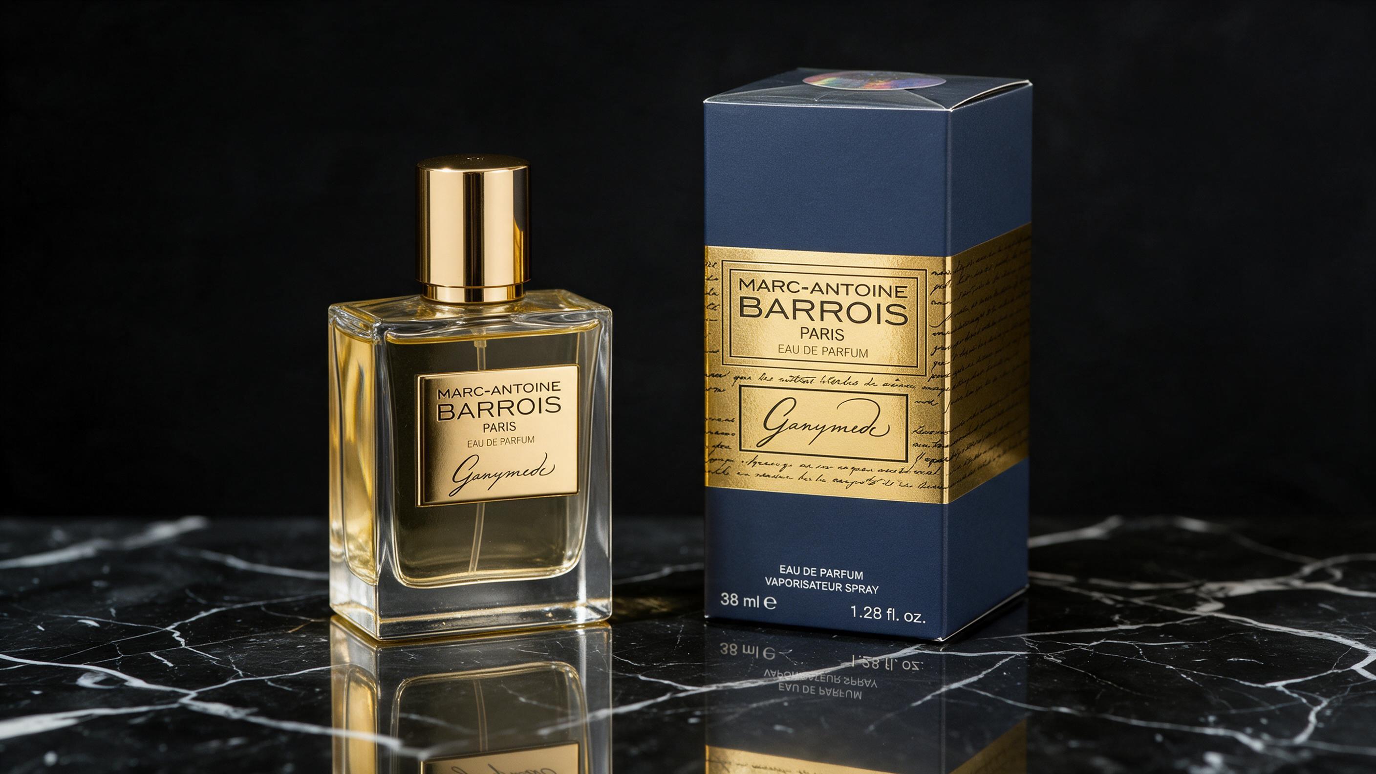 Elegant niche perfume bottle labeled Ganymede by Marc-Antoine Barrois standing on a reflective dark marble surface next 