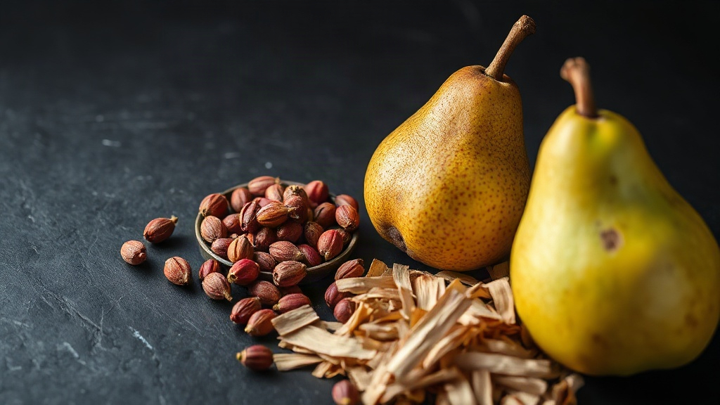 macro photo of cardamom pods, pink peppercorns, a ripe pear and cedar wood shavings arranged on a dark stone surface, so