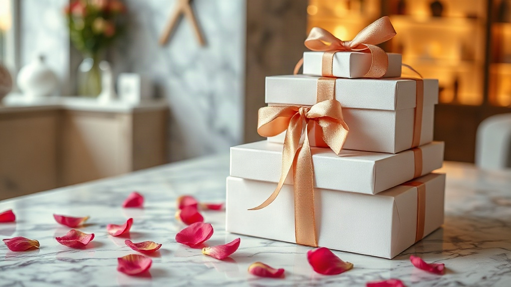 neatly stacked elegant perfume gift boxes wrapped with satin ribbon on a marble counter, scattered fresh rose petals nea