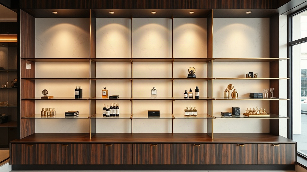 wide shot of a modern premium perfume boutique display shelf made of dark wood and brushed brass, empty staged shelving 