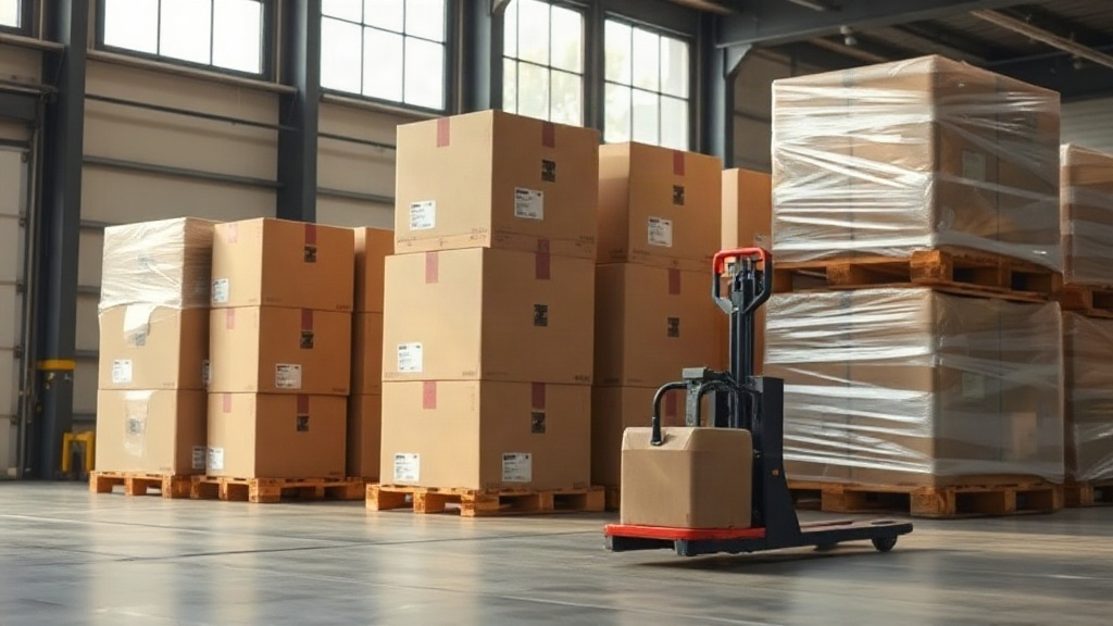 warehouse interior with stacked cardboard cargo boxes and shrink-wrapped pallets ready for shipment, a pallet jack in th