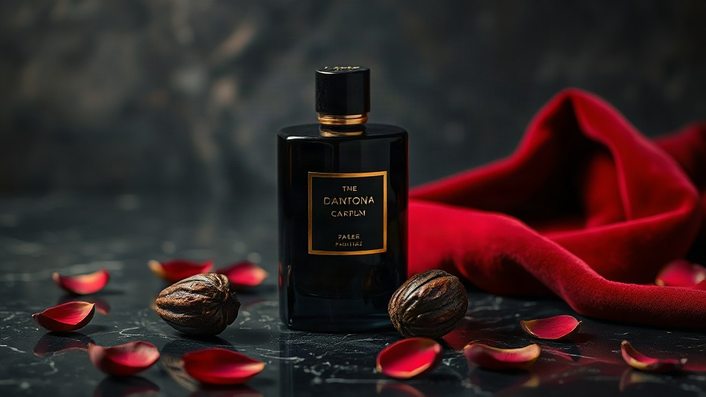 elegant dark perfume bottle with black and gold accents standing on a dark marble surface, red velvet fabric draped near