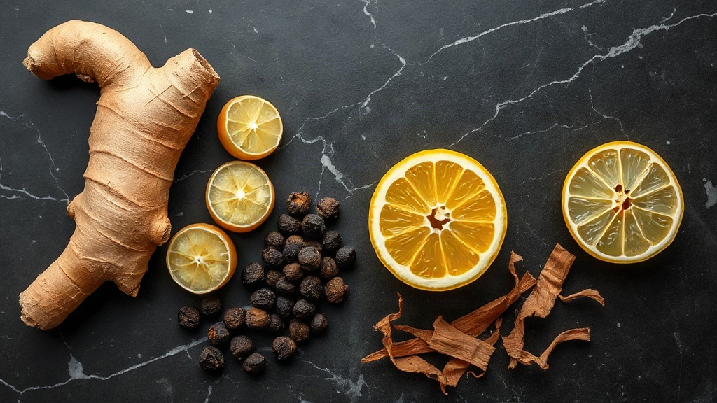 raw perfume ingredients arranged on a dark marble surface, fresh ginger root, black peppercorns, bergamot citrus halves,