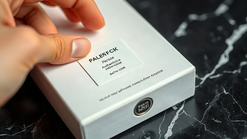 close-up of a sealed cardboard perfume box with an authentication hologram sticker and batch code, resting on a dark mar