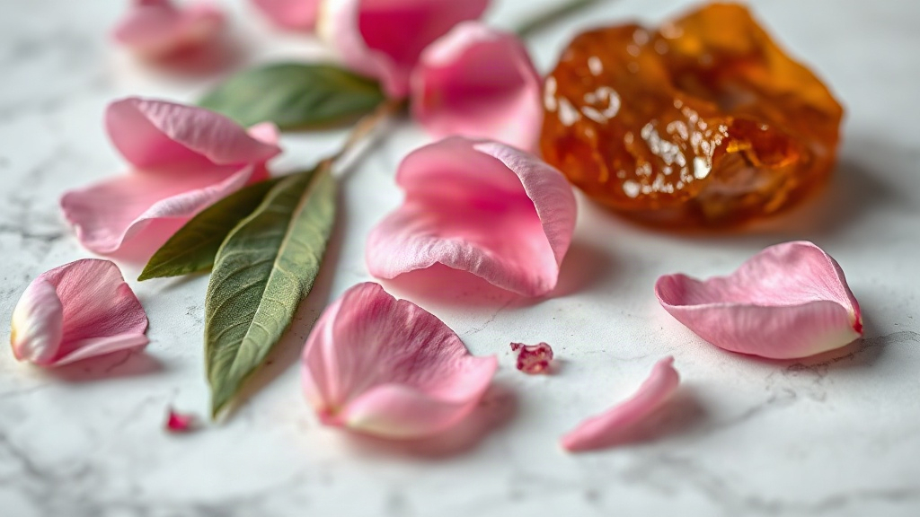 close-up still life of fresh pink rose petals, raw patchouli leaves and a chunk of amber resin arranged on a white marbl