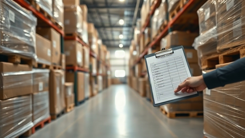 warehouse logistics scene with stacked cardboard shipping boxes and wooden pallets wrapped in stretch film, a worker