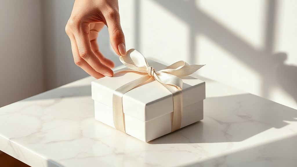 elegant white perfume gift box wrapped with a thin satin ribbon on a white marble counter, a hand gently placing the box