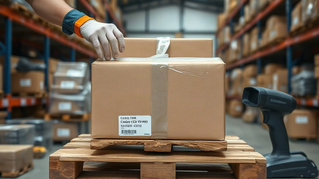 Warehouse worker's gloved hands sealing a cardboard shipping carton with packing tape on a wooden pallet stacked wi