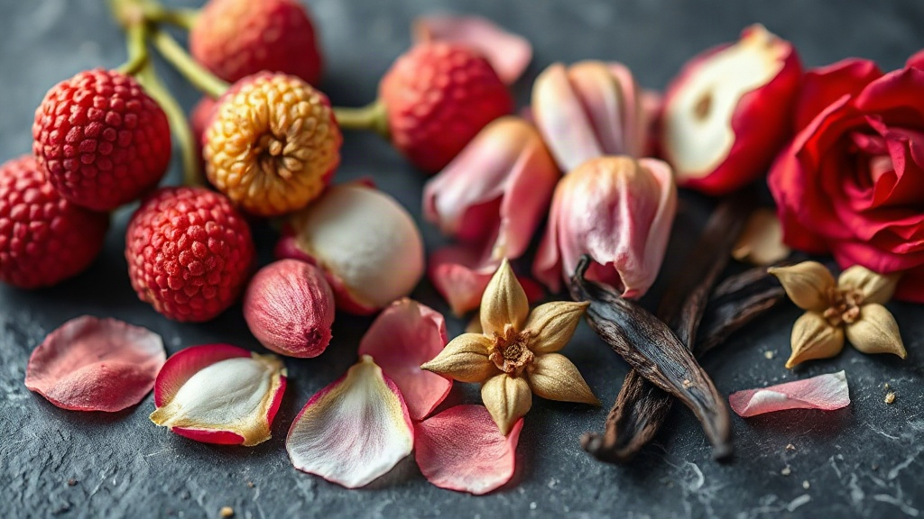 macro photograph of fresh lychee fruit, rhubarb stalks, Damask rose petals and vanilla pods arranged on a dark stone sur