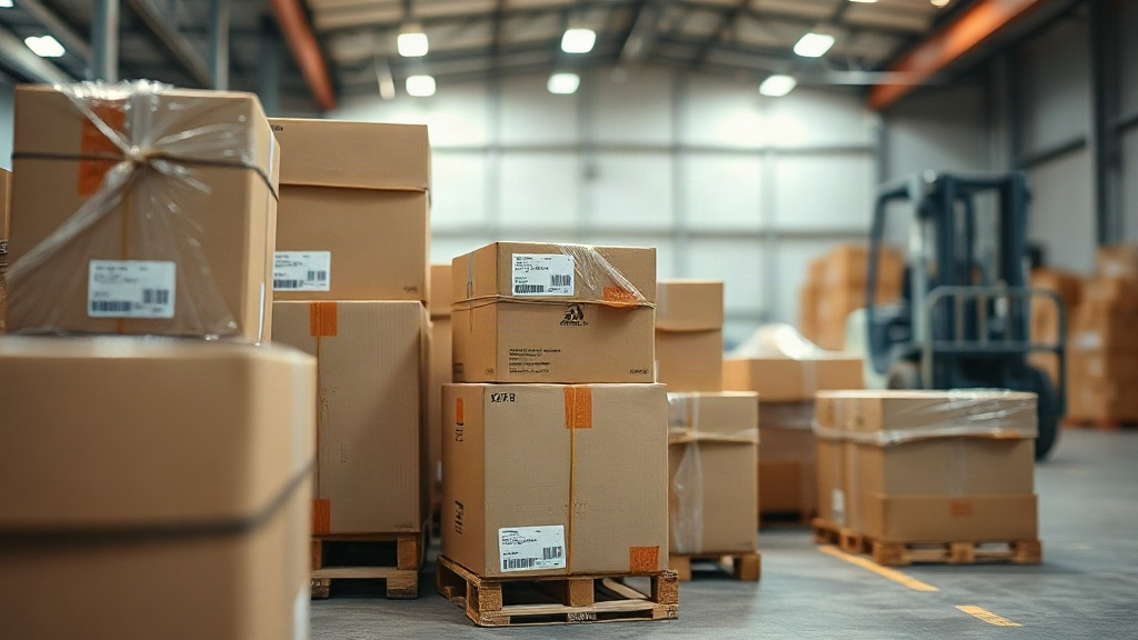 warehouse interior with stacked cardboard shipping boxes on wooden pallets, shrink-wrapped pallets, a forklift in soft f