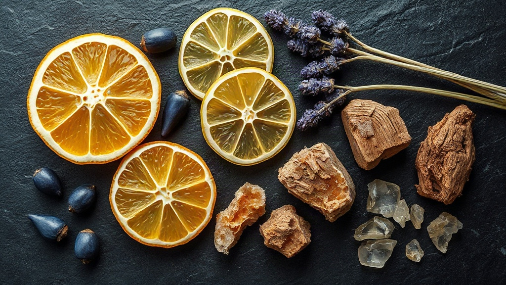 editorial flat-lay of perfumery raw materials for a woody aromatic fragrance — fresh bergamot citrus halves, dried blue 