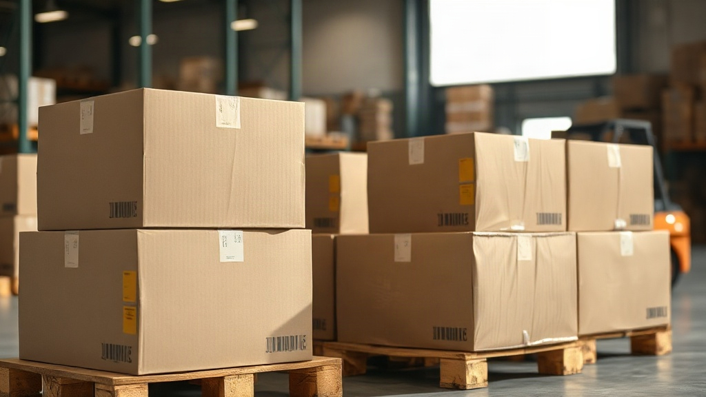 warehouse interior with wooden pallets stacked with sealed cardboard shipping boxes, forklift silhouette in the backgrou