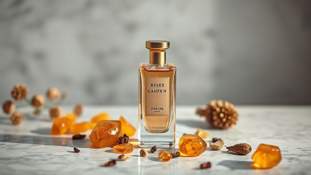 elegant perfume bottle standing on a polished marble counter surrounded by amber resin chunks and dried botanical ingred