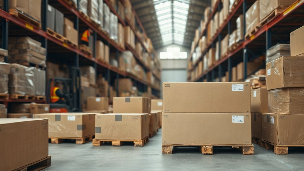 wide shot of a logistics warehouse interior with wooden pallets stacked with sealed plain cardboard shipping boxes, a fo