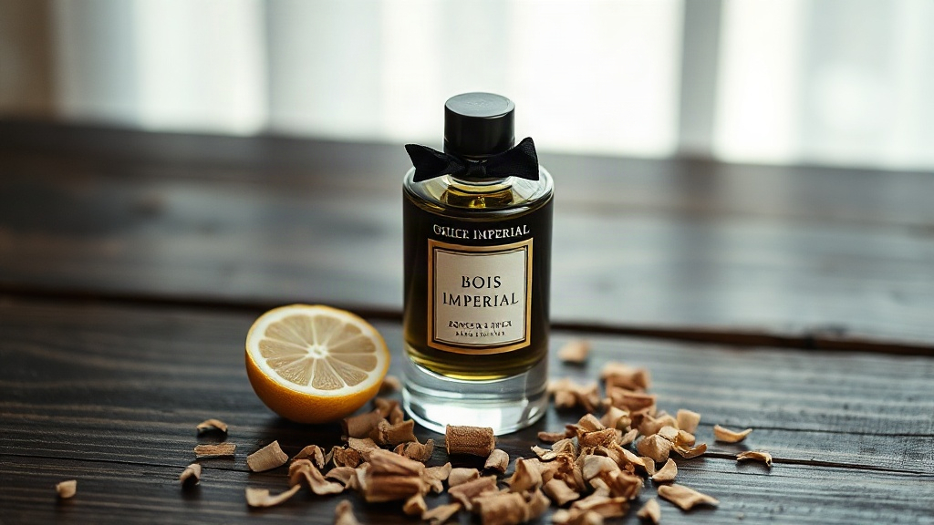 elegant product photography of a niche perfume bottle labeled Bois Imperial resting on a dark wood surface with cedar wo
