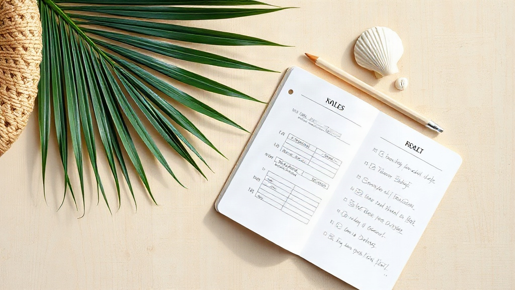 flat-lay composition on a sun-bleached wooden table showing a woven straw tote bag, a palm leaf, pale seashells, a paper