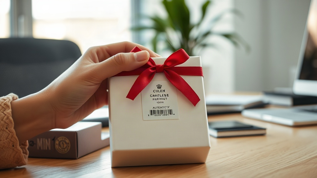 elegant sealed perfume gift box with an authenticity hologram sticker and ribbon on a wholesale office desk, a hand insp