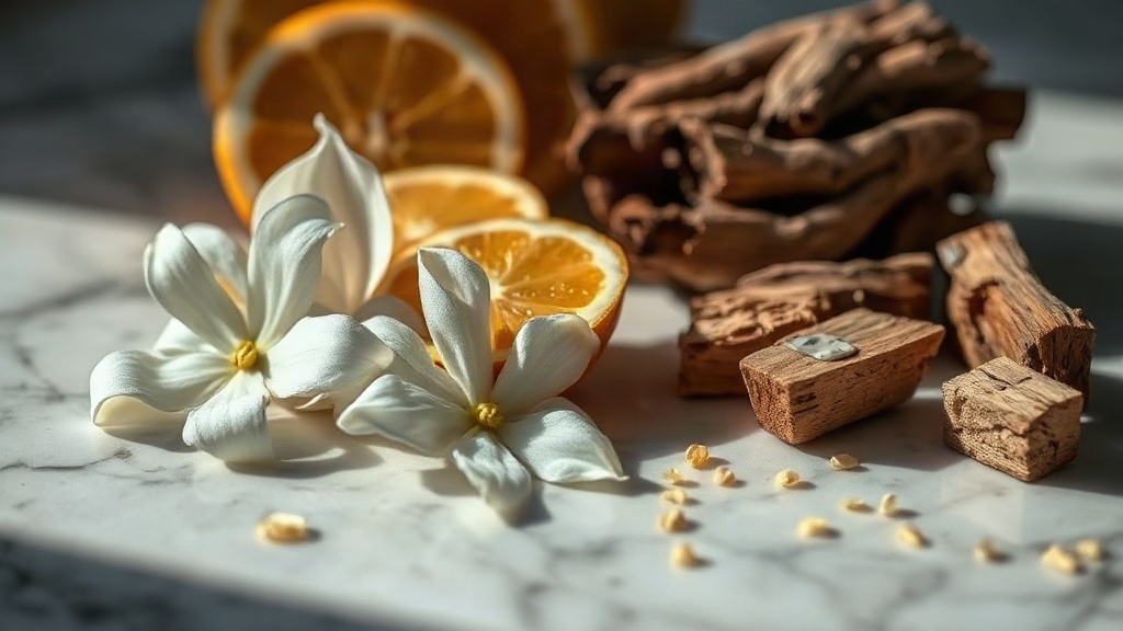 close-up still life of raw perfumery ingredients — fresh jasmine blossoms, bergamot citrus slices, and chunks of oud woo