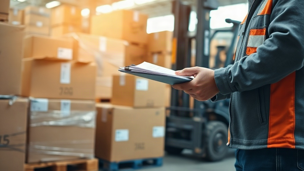 warehouse logistics scene with wrapped cardboard shipping boxes stacked on wooden pallets, a worker's hand holding