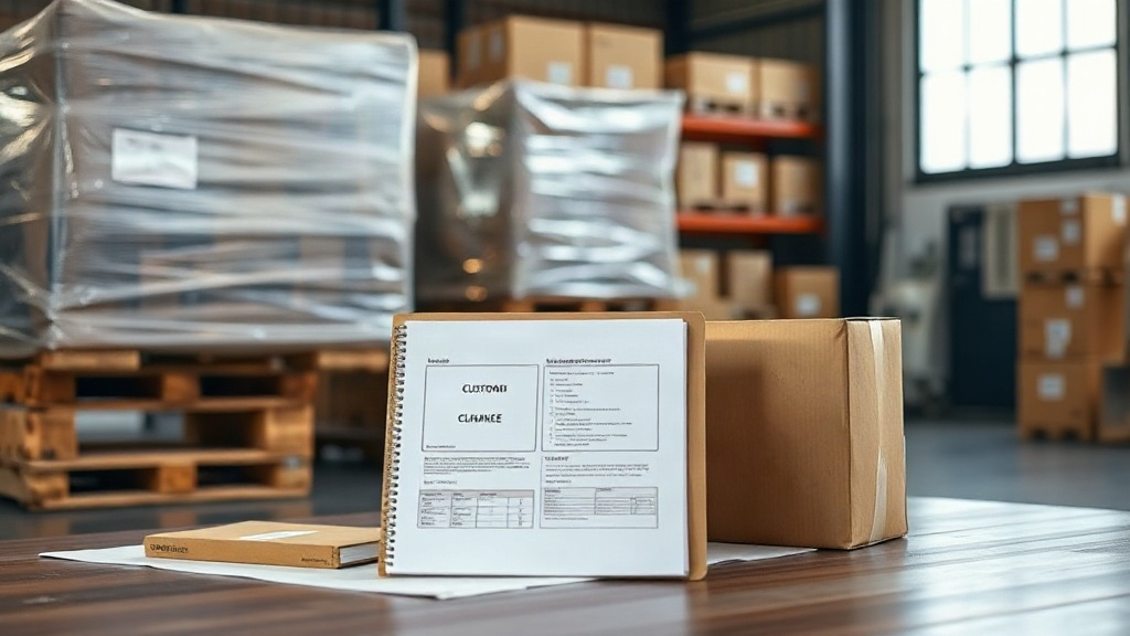 organized warehouse scene with wrapped export pallets, stacked cardboard shipping cartons, a customs clearance folder wi