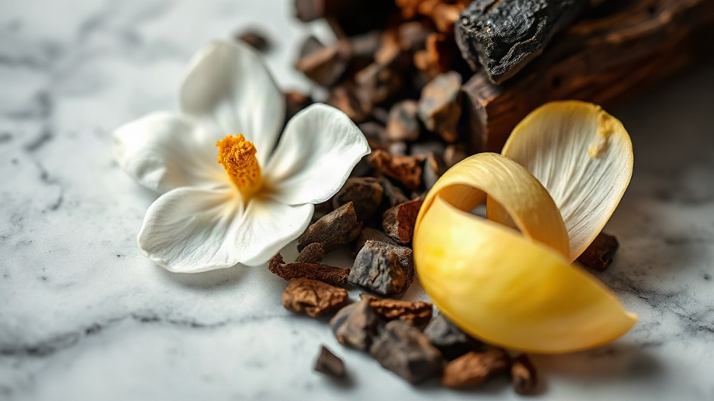 close-up macro photography of raw perfumery ingredients - dark oud wood chips, fresh jasmine flowers and bergamot peel a