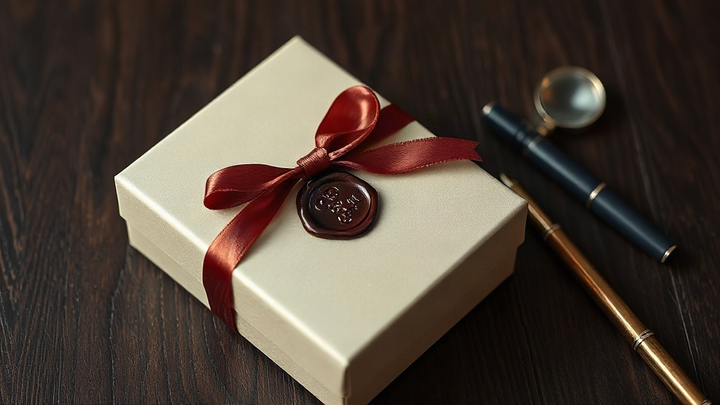 Elegant closed perfume gift box wrapped with a satin ribbon and a wax seal stamp resting on dark wood grain, a jeweler&#
