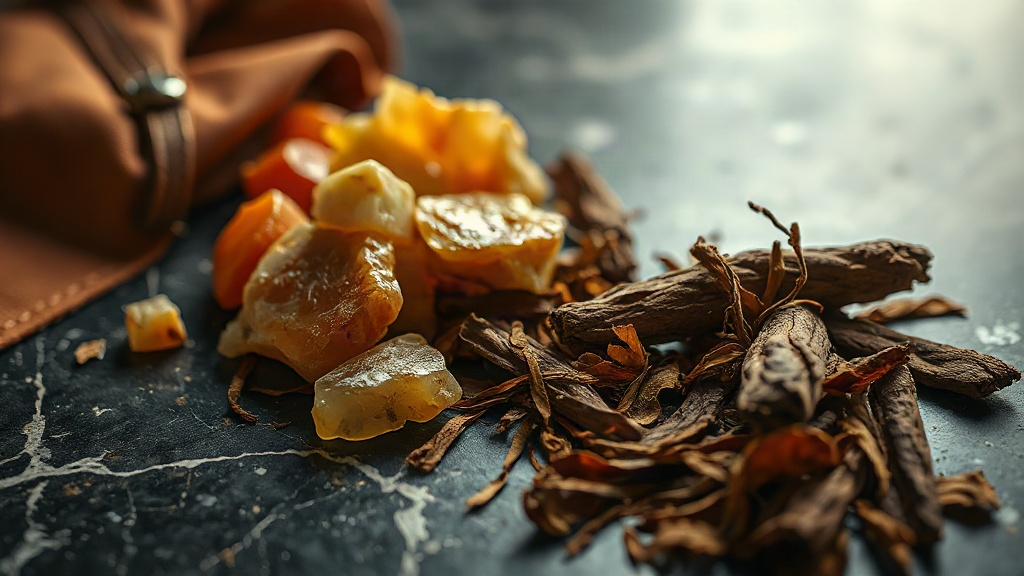 close-up macro photograph of raw perfumery materials on a dark marble surface, pieces of tanned leather, amber resin chu
