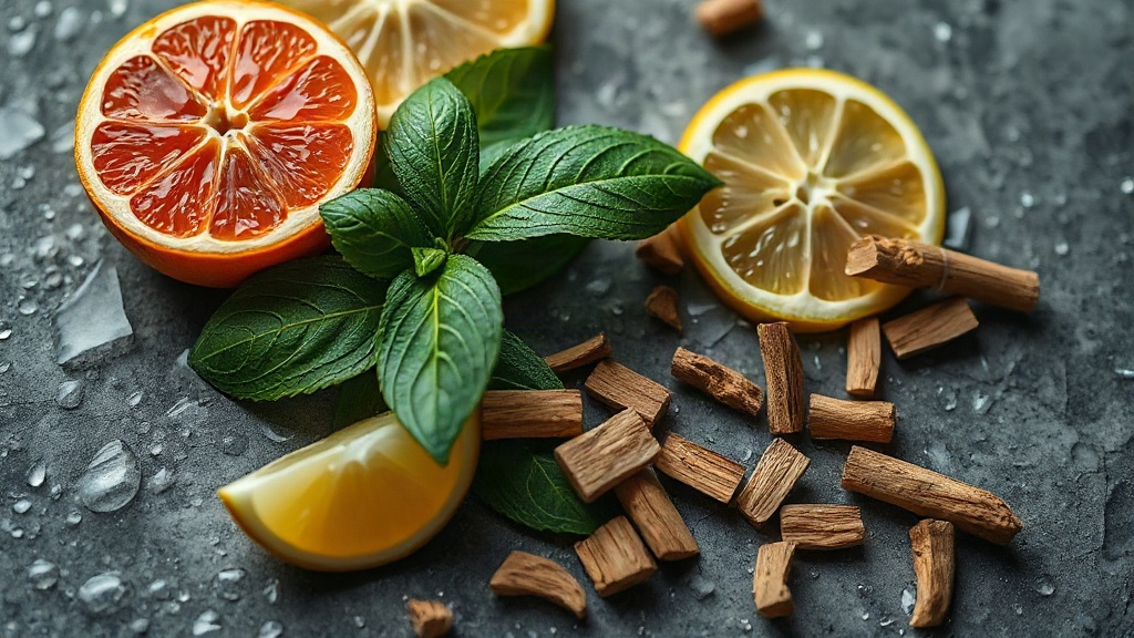 macro editorial photo of fresh sport-fragrance raw materials - sliced bergamot and grapefruit citrus, green geranium lea