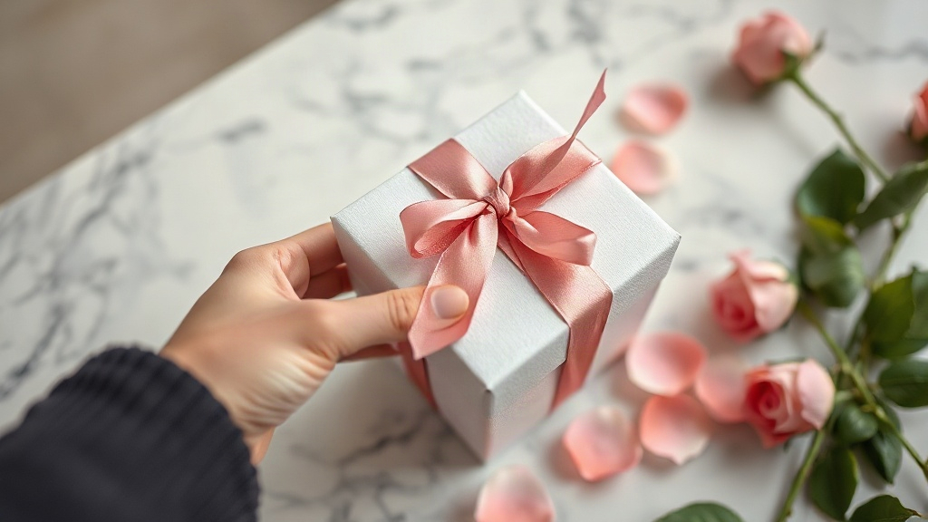 close-up of a hand presenting an elegant wrapped gift box tied with a satin ribbon on a marble counter, pink rose petals