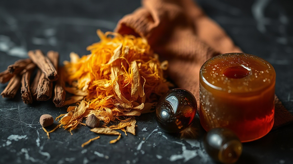 dried oud wood chips, saffron threads, a leather texture swatch and dark amber resin arranged on a dark marble surface, 
