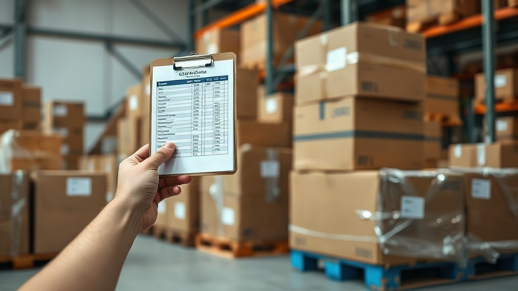 warehouse logistics scene — stacked cardboard shipping boxes on wooden pallets, a hand holding a clipboard with a shippi