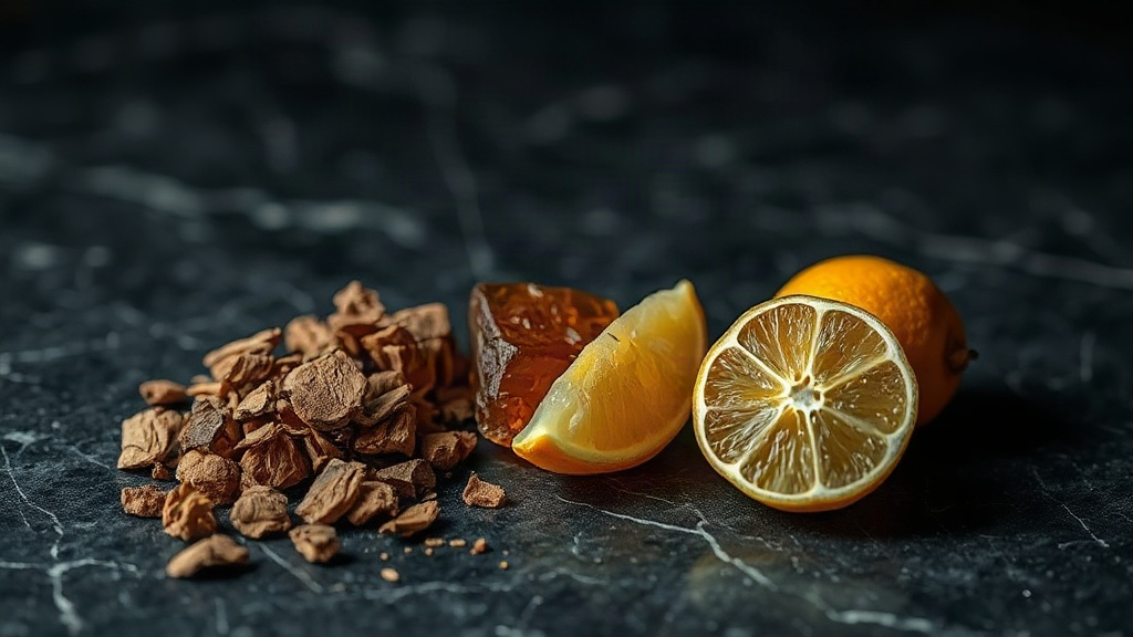 macro still life of raw perfume ingredients — oud wood chips, amber resin chunks, and fresh bergamot fruit arranged on a