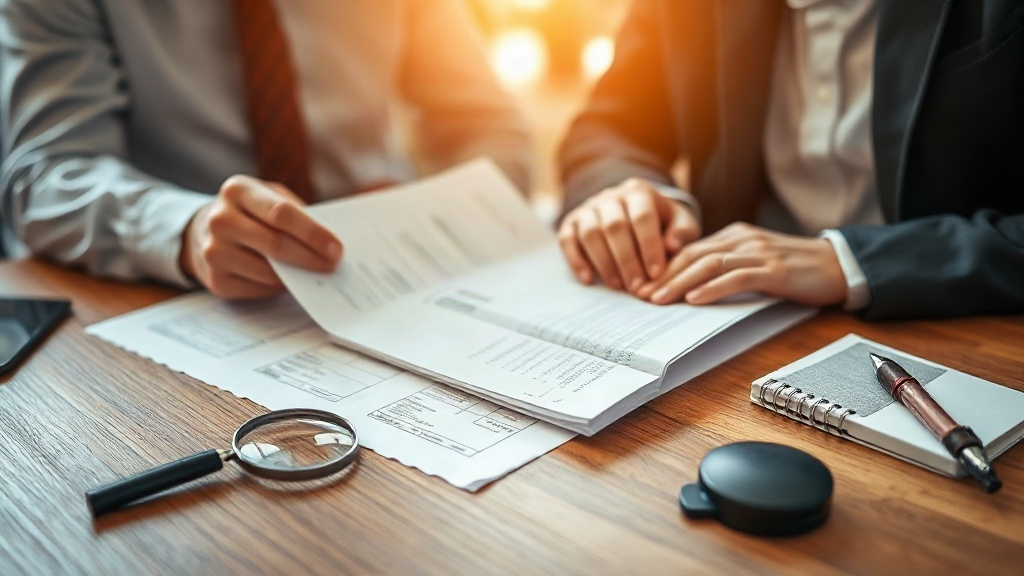 close-up business scene of two professionals reviewing supplier documents and a fabric swatch sample at a wooden desk, a
