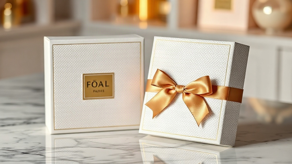 elegant luxury perfume gift packaging on a marble counter — a textured gift box with gold foil detailing and a satin rib