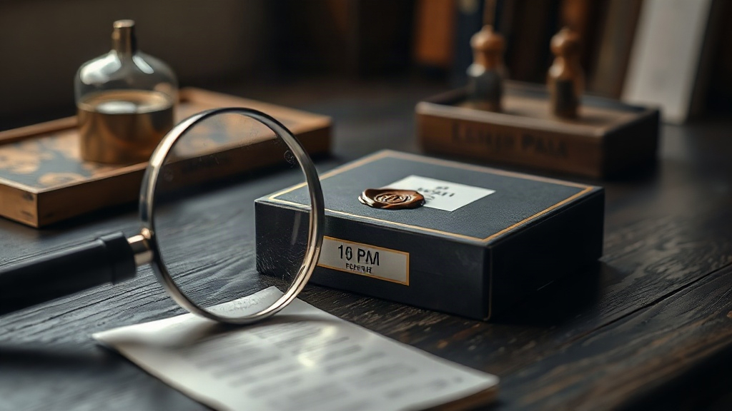 A supplier authentication scene on a dark wooden desk — a magnifying glass and a wax seal stamp inspecting an elegant pe