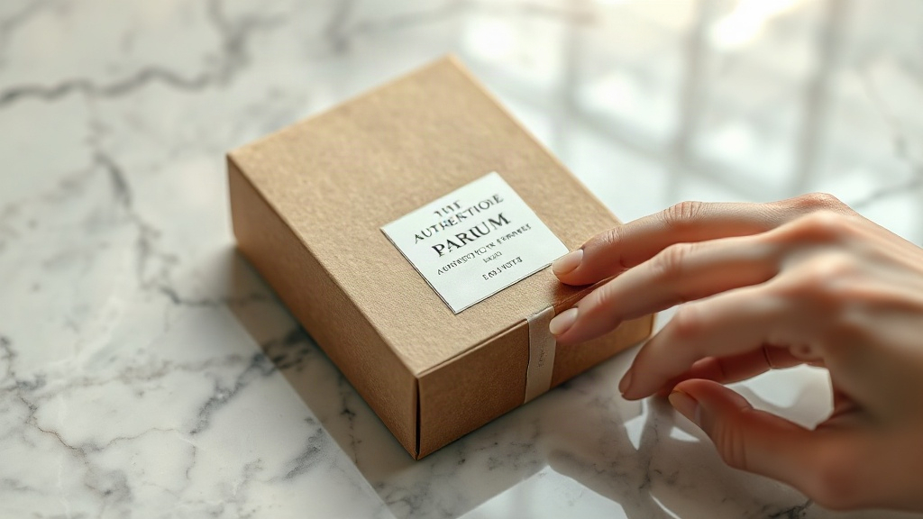 a sealed cardboard perfume packaging box with an authentication label, resting on a polished marble surface next to a ha