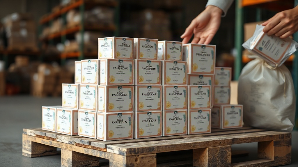 neatly stacked perfumed soap boxes from a sixteen-piece case arranged on a wooden pallet, hands arranging boxes, warehou